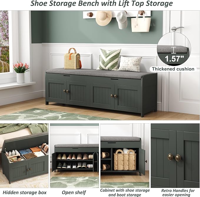 HOMEFORT 54.4" Shoe Bench with Lift Top Storage, Entryway Bench with Cushioned Seat, Wooden End of Bed Bench, Shoe Cabinet Bench with Hidden Storage Space, for Bedroom, Hallway,Green