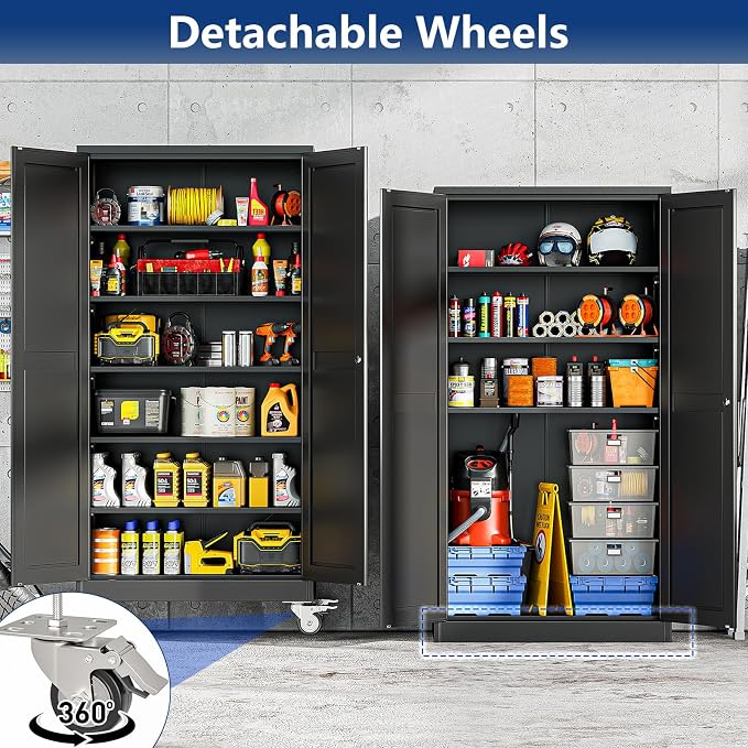 Ckzbx Metal Large Garage Storage Cabinet with Locking Doors and Adjustable Shelves,73.6" H Rolling Tool Storage with Wheels for Garage,Office (Black)