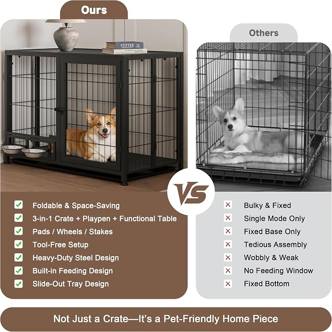 Heavy Duty Dog Crate for Small Dogs, 3 in 1 32.7" Foldable Collapsible Dog Kennel & Playpen with Lockable Wheels & Feeding Bowls, Escape Proof Metal Dog Cage for Indoor Outdoor Use, Black