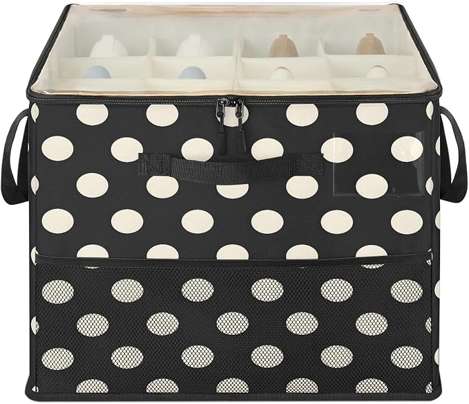 TropicalLife Black White Polka dot Shoe Organizer for Closet | Foldable Shoe Storage Box Bin 16-32 Pair Shoe Storage for Sneakers, Boots & Heels with Adjustable Dividers, Clear Cover