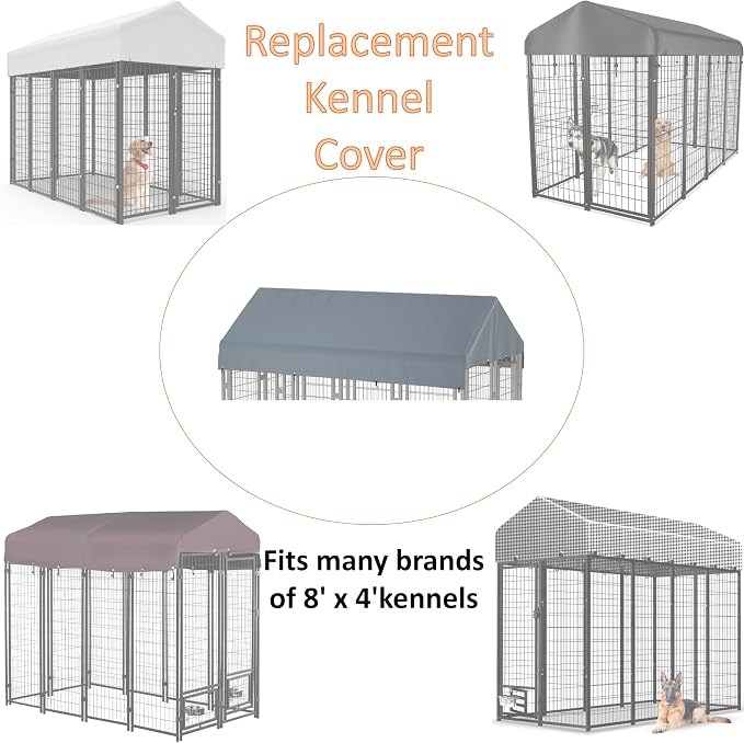 Outdoor Dog Kennel Cover 8'L x 4'W Replacement Dog Kennel Cover Gray | 420D Silver-Plated Waterproof UV-Protective Oxford Fabric Includes a Ball-Ended Elastic Lanyard (Frame Not Included)