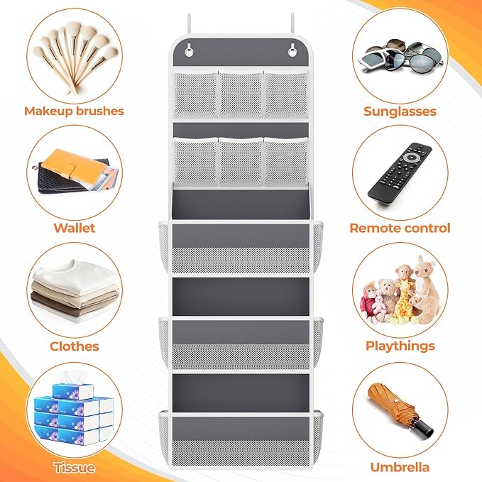 SpaceHacks 5-Tier Over the Door Organizer with Mesh Pockets, Dark Grey | 6 mesh pockets, 3 compartments, adjustable hooks, fits most doors, nursery, closet, bathroom, closet and nursery storage