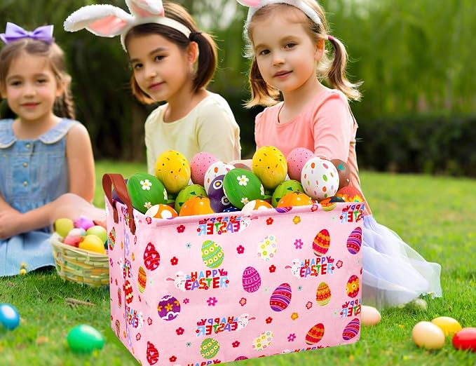Large Rectangular Easter Baskets Empty Waterproof Boy Toy Box Foldable Kid's Gifts Storage Bin Spring Room Decor(HAPPY Pink Rabbit Egg)