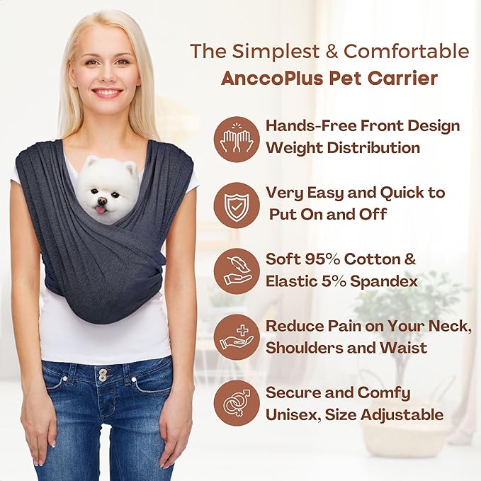 AnccoPlus Small Dog Sling Carrier, Hands-Free, Charcoal Black, Regular | Patented Front Carrier Reduces Back and Neck Strain; Adjustable, Soft Cotton, 3D Air Mesh for Puppies & Cats up to 20 lb