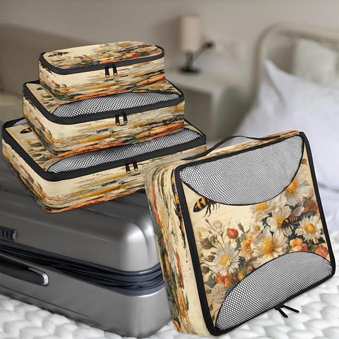 Spring Summer Flower Packing Cubes for Travel, Luggage Packing Organizers, Bee Travel Accessories Large Toiletries Bag for Clothes Shoes Cosmetics Toiletries