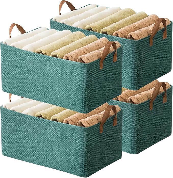 AARAINBOW 4 Pcs Closet Clothes Organizer with Handle, Fabric storage Box with Steel Frame Stackable Shelf Storage Baskets Foldable Storage Baskets for Organizing Clothes Jeans, 23L (4 Green)
