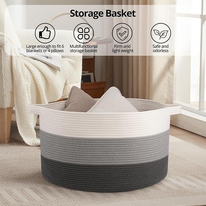 OIAHOMY 90L Extra Large Blanket Basket - Decorative Cotton Rope Storage Basket for Bedroom, Living Room & Nursery - Woven Laundry Hamper for Organizing Blankets, Clothes & Toys - Gardient Dark Grey