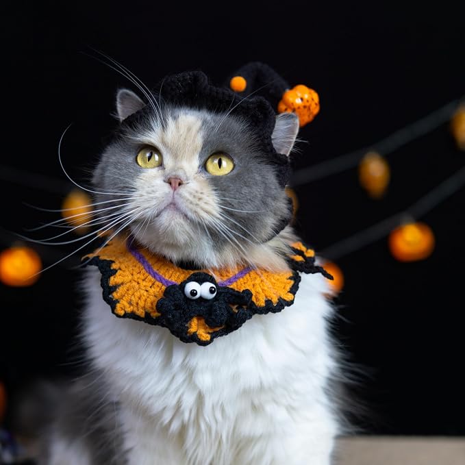 Halloween Pet Costume,Spider & Black Witch Hat for Rabbits,Cats and Small Sized Dogs,Hand-Knit Festive Halloween-Themed Cat Apparel,Dog Halloween Outfits,Cat Witch Costume