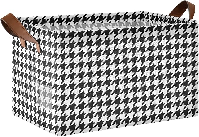 Black and White Houndstooth Classic Storage Basket Foldable Cube Storage Bins with Handles&Labels Waterproof Collapsible Organizer Box Bin Large Rectangle Decorative Baskets for Shelves Home Room