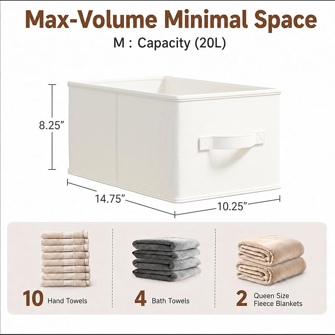 LayerSpace Fabric Storage Bins | Closet Bin Shelf Organizer Shelf Basket | Collapsible Linen Closet Organizer Storage Cube | 14¾"L x 10¼"W x 8¼"H | Storage for Clothes | White & Ivory 3 Pack | Thickened Rigid PP Panels, Cotton-linen Shelf Baskets, Meas...