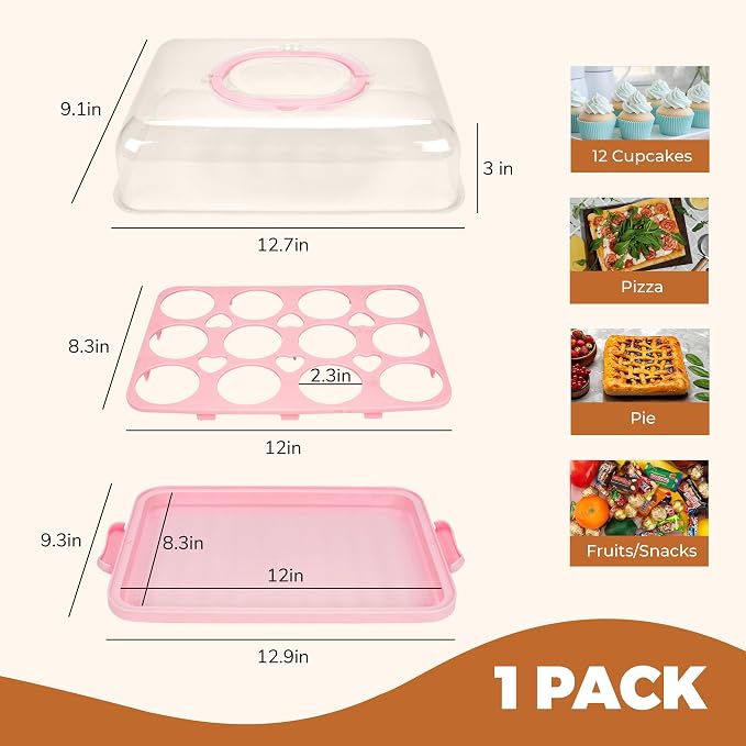 NPLUX Pink Cupcake Carrier Cupcake Holder with Lid, Cake Container | 3 in 1 Multipurpose, Lid, Holder, Muffins, Pies, Sweets, Pastries, Fruit, Snacks, Transport