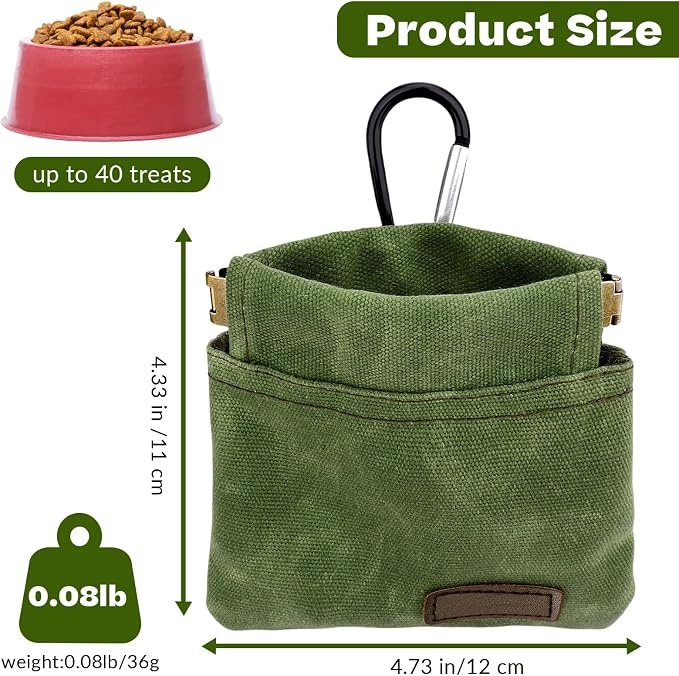 Dog Treat Pouch, Portable Auto Closing Dog Training Treat Bag with Carabiner, Hands Free Pocket Sized Snack Reward Pouch for Puppy Walking Travel Outdoor Use, Green