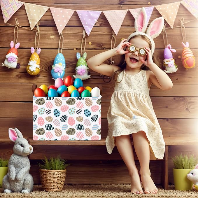 Large Cute Easter Basket for Kid Empty Gift Baby Rectangle Storage Bin Bunny Eggs Boy＆Girl Room Décor (Retro Art Easter Egg)