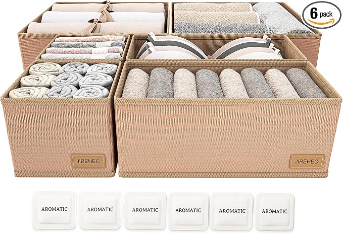 Dresser Drawer Organizer Clothes, 6 Pack Foldable Storage Boxes with Zipper, 600D Fabric, Cream, Drawer Dividers for Underwear, Socks, Baby Clothes