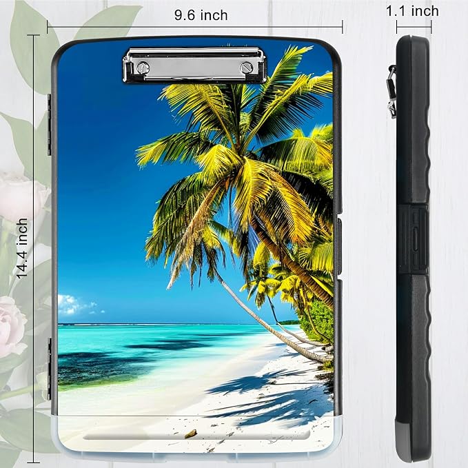 Blue Beach Palm Tree A4 Clipboard with Storage Pen Holder, Clipboards Organizer Nursing Clipboard Foldable File Folder Plastic Clipboard Folio Clip Board for Office Students Classroom