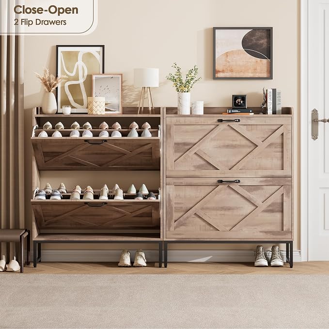 Shoe Cabinet with 2 Flip Drawers，Freestanding Shoe Storage Cabinet, Narrow Shoe Organizer Cabinet, Farmhouse Slim Shoe Rack Cabinet for Entryway,Toasted Oak