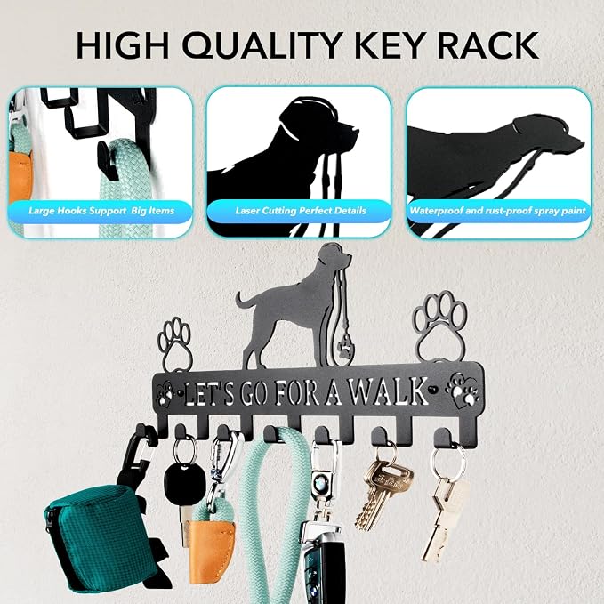 Key Holder Wall Mount & Dog Leash Holder for Wall, Metal Key Rack with 7 Hooks for Entryway/Hallway/Kitchen Decor, Dog Paws Design Wall Organizer with Screw Anchors