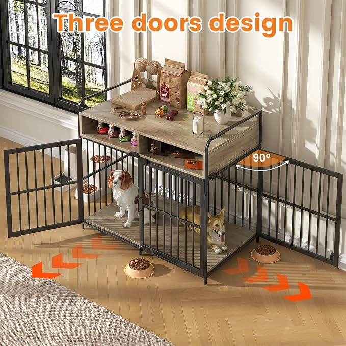 Large Furniture Dog Crate, Dog Kennel Indoor, Wood Dog Cage Table with Drawers Storage, Heavy Duty Dog Crate, Jaula para Perros, Sturdy Metal, 40.5" L×23.6" W×35.4" H, Rustic Grey