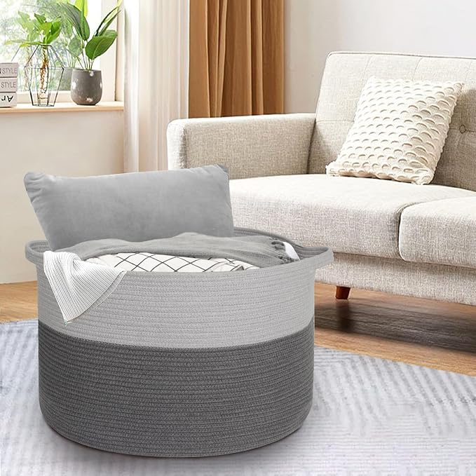 MEGASKET Extra Large Rope Basket, XXXL Woven Storage Basket, Large Blanket Storage for Living Room, Kids Room Toy Organizer Bin, Dog Toy Stuffed Animal Basket, Pillow Throw Blanket Holder, 22"x14"