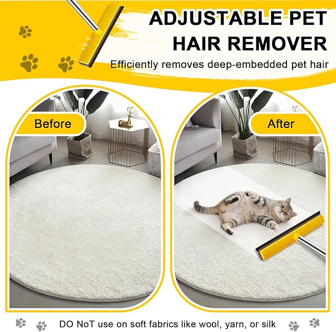 Rubber Broom for Pet Hair Removal, Carpet rake with Squeegee for Cleaning Pet Hair, 52 inch Long Handle Rubber Broom,Dual-Sided for Small Fluff Carpet, Hardwood Floor, Tile,Orange