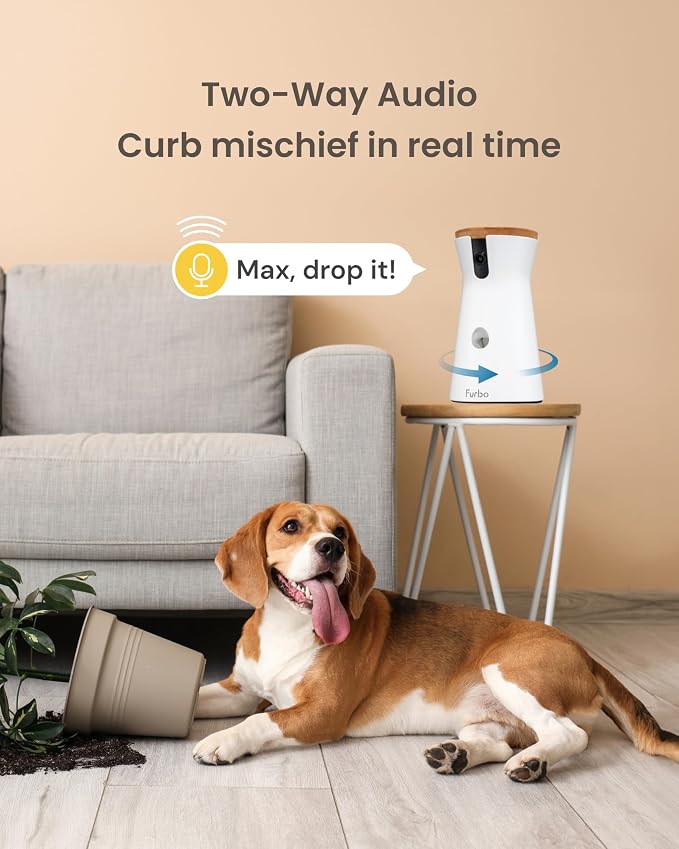 Furbo 360° Dog Camera [No Monthly Fee] | 360° Rotating Live View, Barking Alerts, Treat Toss, 2-Way Audio, Night Vision, Smart Home Puppy Monitoring, No AI Alerts