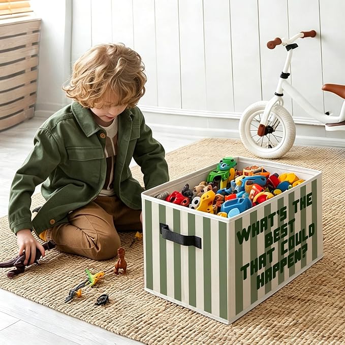 Green Striped Inspirational Foldable Storage Bins Box with Handles, What's the Best That Could Happen Motivational Decorative Storage Boxes Baskets Toybox Organizer for Bedroom Bathroom