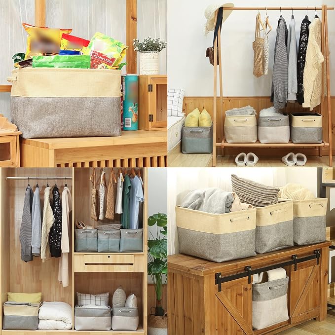 Sea Team Large Rectangle Canvas Open-Top Storage Baskets, 3-Pack | Collapsible Fabric Storage Bins with Handles, Closet Shelf Organizers, 15 x 10 x 10 Inches, Tan & Beige