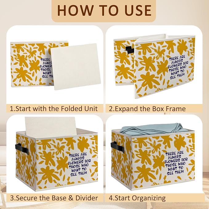 Boho Yellow Floral Inspirational Foldable Storage Bins Box with Handles, There Are Always Flowers Motivational Decorative Storage Boxes Baskets Organizer for Kids Room Bedroom Classroom