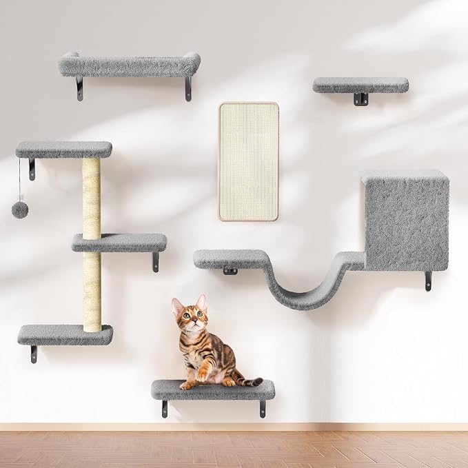 6-in-1 Wall Mounted Cat Climber Set for Heavy Cats,Wall Shelves,Stable & Safe Cat Furniture Set for Large Cats, Wooden Climbing Wall with Scratching Post (Grey)