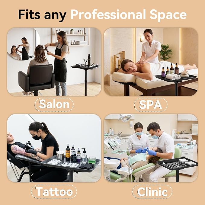 37" Rolling Salon Tray on Wheels Black, Adjustable Height | Aluminum, Tool-Free Assembly, Stable Base, 360 Mobility, For Spa Clinic Tattoo Studio and Home Salon Use