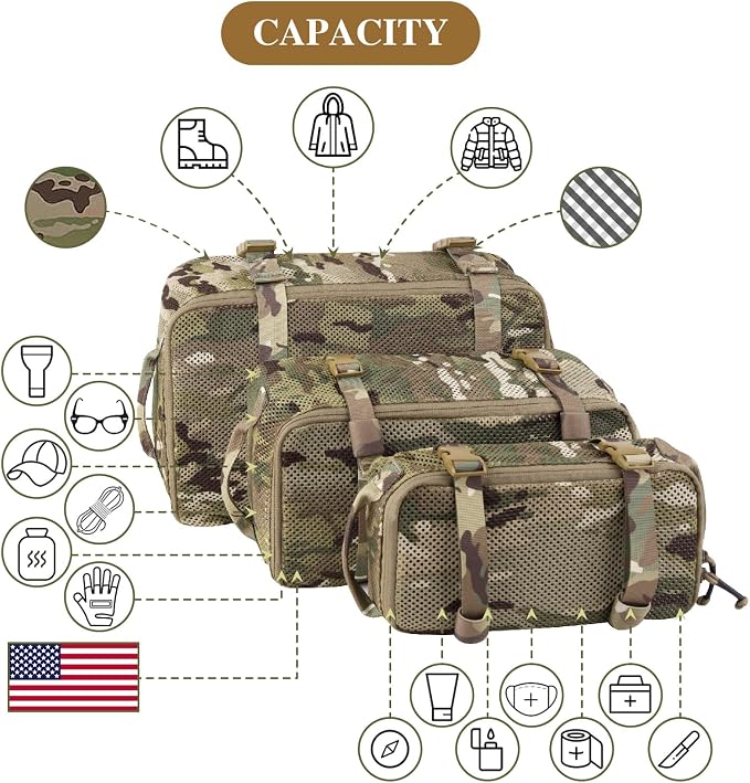 3 PCS Tactical Modular Packing Cubes, Large Capacity Mesh Storage Bag,Outdoor Travel Organize Storage Pouches Bags.
