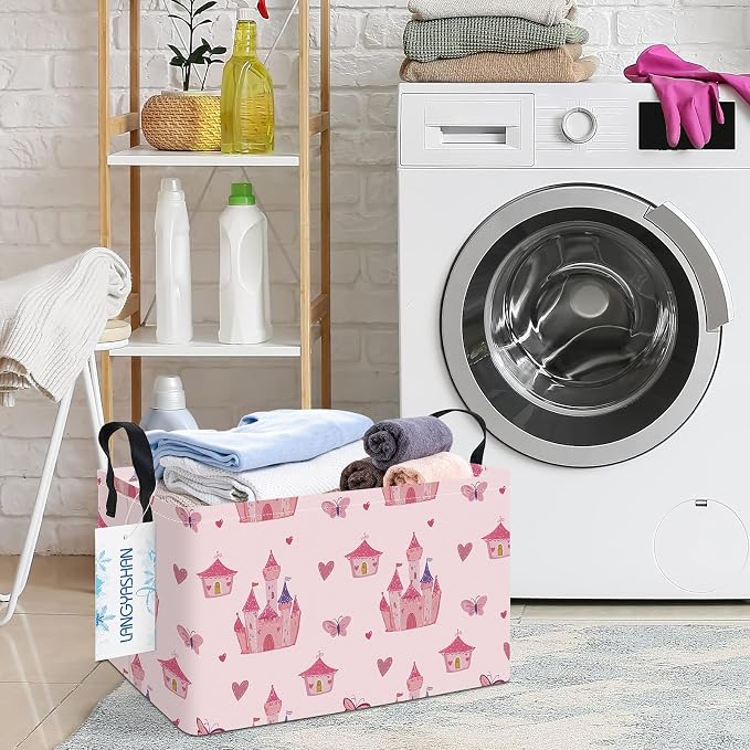 Rectangular Collapsible Pink Castle Storage Basket Nursery Toy Organizer | Storage Bin Foldable Canvas with Handles for Organizing Home Kitchen Children Toys Office Closet Shelf Baskets