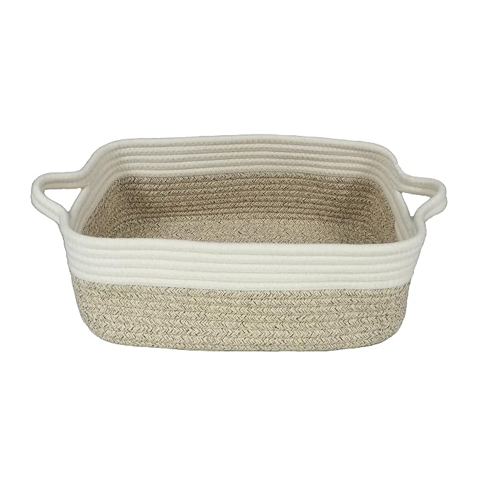 XUANGUO Medium Woven Cotton Rope Storage Basket with Handles | Small decorative rectangle storage bin for baby nursery items and cat toys; ideal as an empty gift basket or dog toy basket