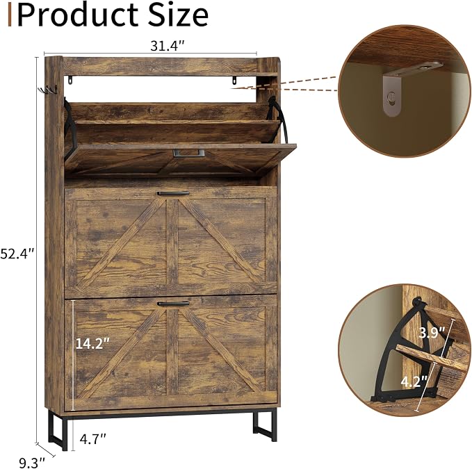 Xixini Shoe Storage Cabinet with 3 Flip Drawers, Entryway Shoe Rack, Brown | Freestanding Narrow Shoe Storage, Hidden Slim Wood Shoe Organizer, Modern Farmhouse, Open Storage & Hooks for Closet, Hallway