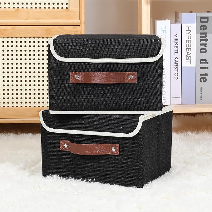 ANMINY Fabric Storage Box Bins with Lids, Black, 10"x8"x7", 2 Pack | Keepsake Memory Storage, Cotton Linen, PP Board Reinforced, Washable, PU Handles, Foldable & Stackable, Decorative, Small