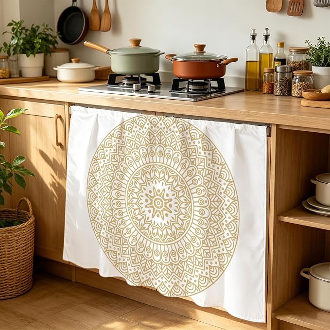 Beige Boho Cabinet Curtain 35"Wx35"L,Dustproof Under Sink Skirt W/ Self Adhesive Tape,Retro Farmhouse Ethnic Abstract Geometric Art Cabinet Curtain Cover for Kitchen Sink,Bathroom Vanity,Laundry Room
