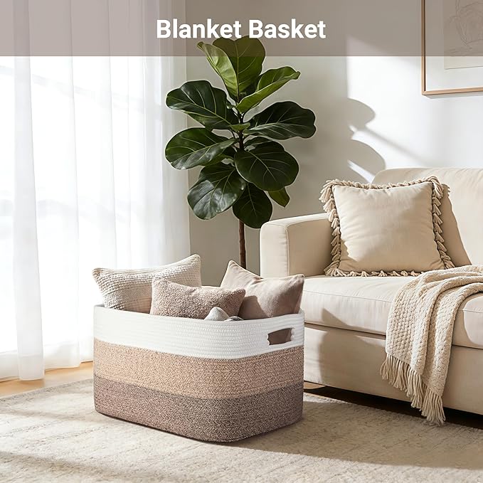 75L Laundry Basket Hamper,Gradient Brown/White, 22"x17"x12" | Cotton Rope Blanket Basket,Rectangle Woven Storage Basket for Living Room,Large Shelf Basket for Shoes,Toys, Clothes, Pillows