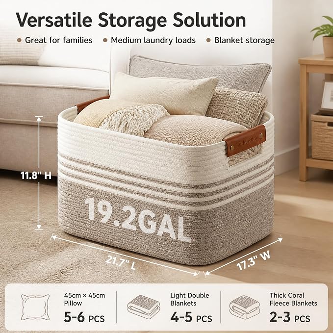 Cotton Rope Laundry Basket Large, 19.2GAL Collapsible Woven Storage Baskets for Living Room Kids Toys Stuffed Animal,Boho Rectangular Decorative Short Hamper for Dirty Clothes, Blankets White Brown