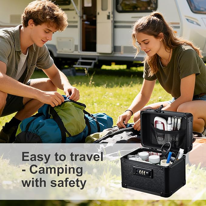 Black Medicine Lock Box - 7" Medication Lock Box & Lockable Storage Box for Personal Items - Secure Medicine Storage Box with 3-Digit Combination Lock - Aluminum Small Lock Box for Home Travel