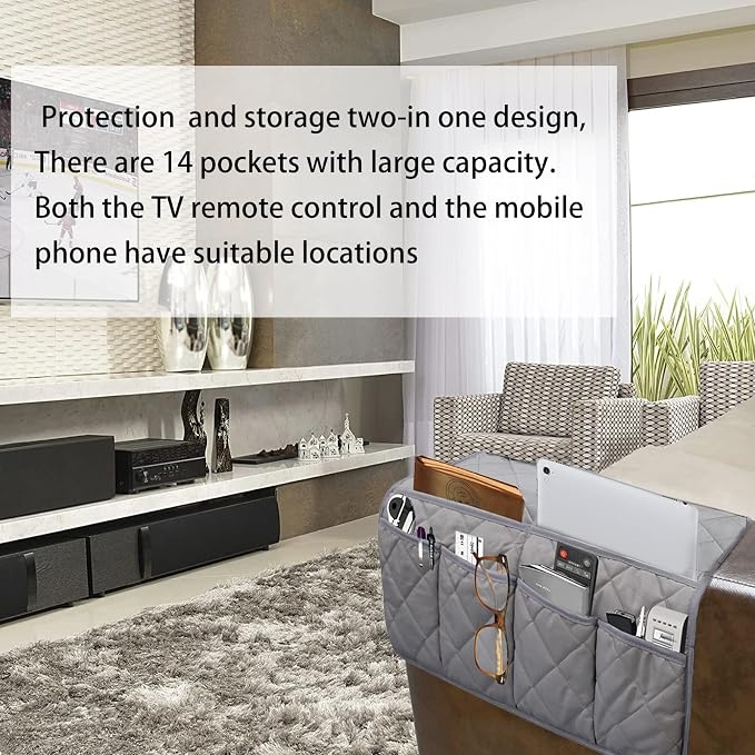 Armchair Caddy for Recliner - Sofa Armrest Organizer with 14 Pockets | Waterproof Remote Control Holder for Recliner, Non-Slip Chair Arm Storage for TV Remote, Phone, Books, Magazine, iPad