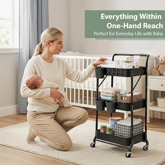 Amatic 3 Tier Foldable Rolling Cart with Wheels, Folding Utility Cart Organizer, Collapsible Rolling Storage Cart with 3 Hanging Cups & 6 Hooks for Kitchen, Office, Nursery(Black)