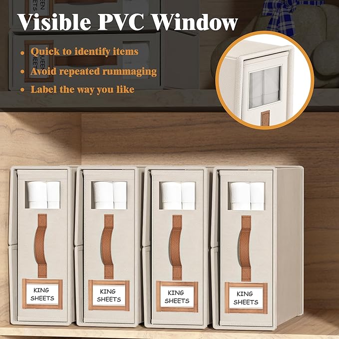 4 Pack Foldable Bed Sheets Set Organizers and Storage(King & Queen Size),Linen Fabric Closet Organizers with Window,Folding Bedding Storage Box for Bedsheets and Pillow Cube Organizer-Beige
