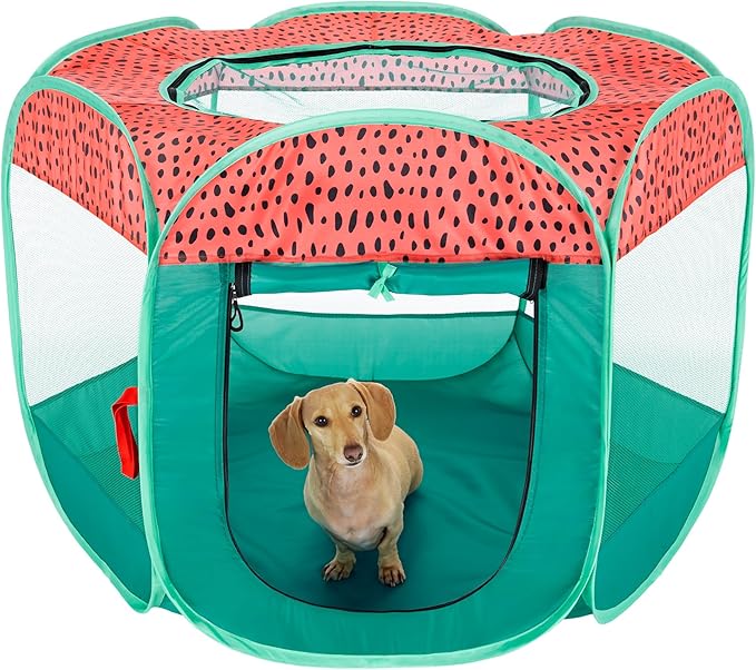Furhaven Portable Dog Playpen Cat Tent, Pet Playground,Kennel Foldable Indoor Outdoor Zippered Puppy Crate - Green & Pink, Medium