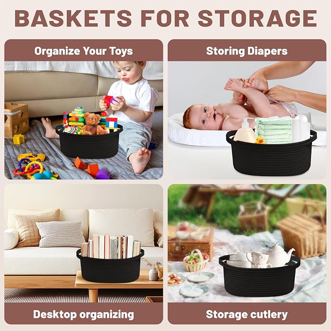 Bufims Small Woven Black Gifts Basket for Storage Empty with Ribbons and Bags Durable Cute Gifts 12"X 8" X 5" Small Rope Basket for Gifting