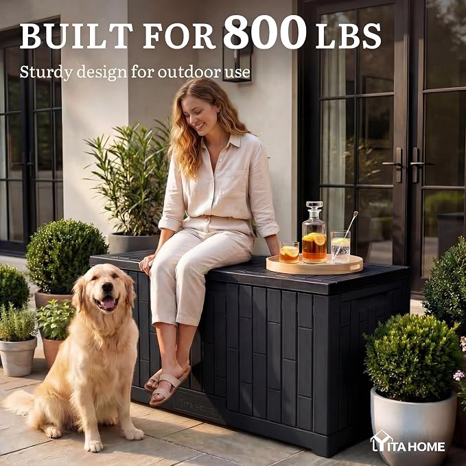 YITAHOME Large Deck Box 120 Gallon Resin Outdoor Storage Box | Patio Storage Bin and Bench Seat for Outdoor Pillows, Garden Tools and Pool Supplies, Waterproof Lockable, Black
