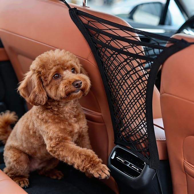 3-Layer Car Mesh Organizer - Backseat Storage & Pet Barrier for Small Dogs | 11"x8.3" net fits headrests or between seats. Holds bottles, umbrellas, tissues, toys. Keeps small dogs (<22lb) from front.