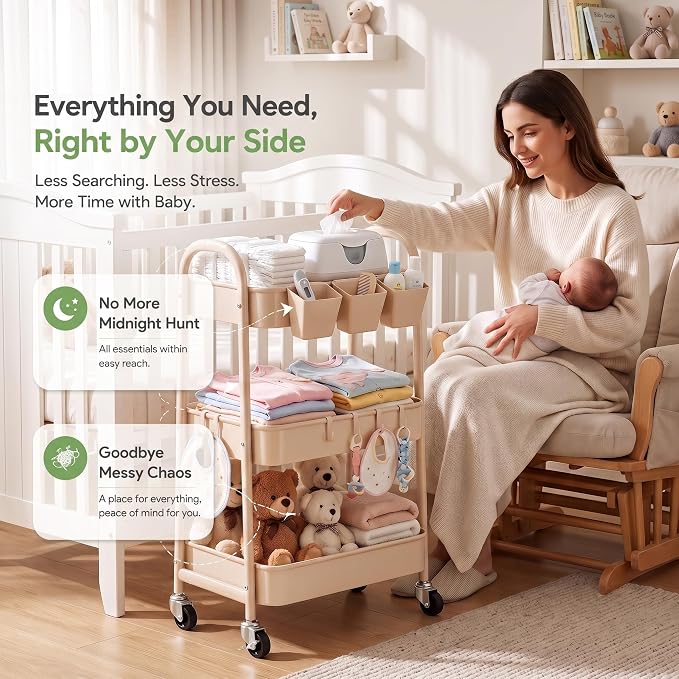 Beige 3 Tier Rolling Cart Metal on Wheels, Three Tiered Storage Organizer Utility Trolley with Wheels for Art, Craft, Baby Diaper Caddy, Snack, Book, Nail, Lash, Cleaning Supplies, Kitchen, Bathroom