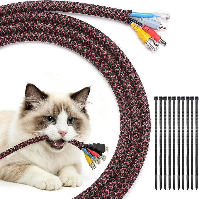 Yecaye 30ft - 1/2 inch Cord Protectors from Pets no Chew, BlackRed | Split Cable Management Sleeves, Wire Loom Tubing for TV USB Cord Protector, Cord Covers for Pets Bite-Resistant