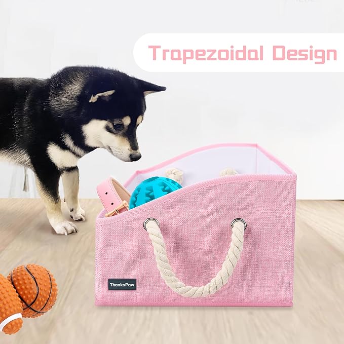 Dog Toy Basket, Storage Bin, Collapsible Box for Pet Accessories | Fabric Container With Handle, Trapezoid Holder for Small Medium dogs, Organizer for Living Room, Pink