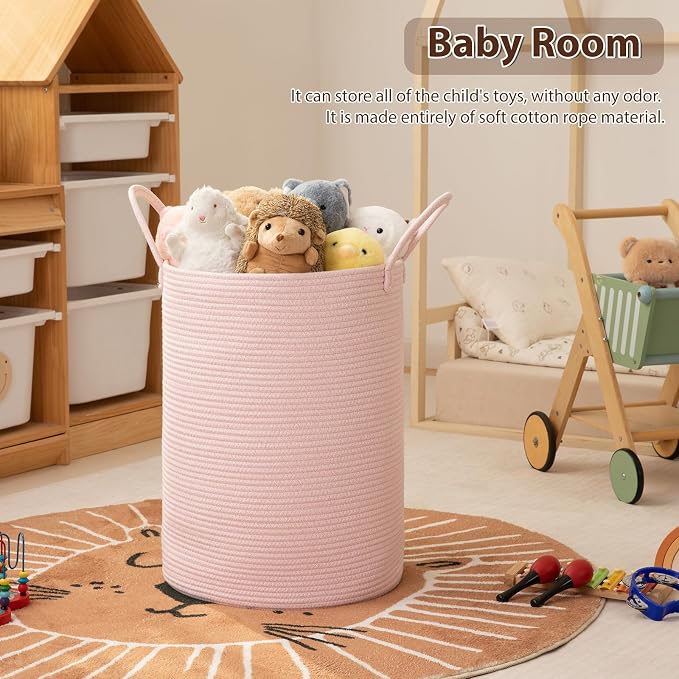 OIAHOMY 60L Nursery Hamper Laundry Basket Laundry Hamper Pink | collapsible Blanket Basket Cotton Rope Woven Basket Dirty Clothes Hamper Baby Hamper Tall Clothes Hamper with Handles